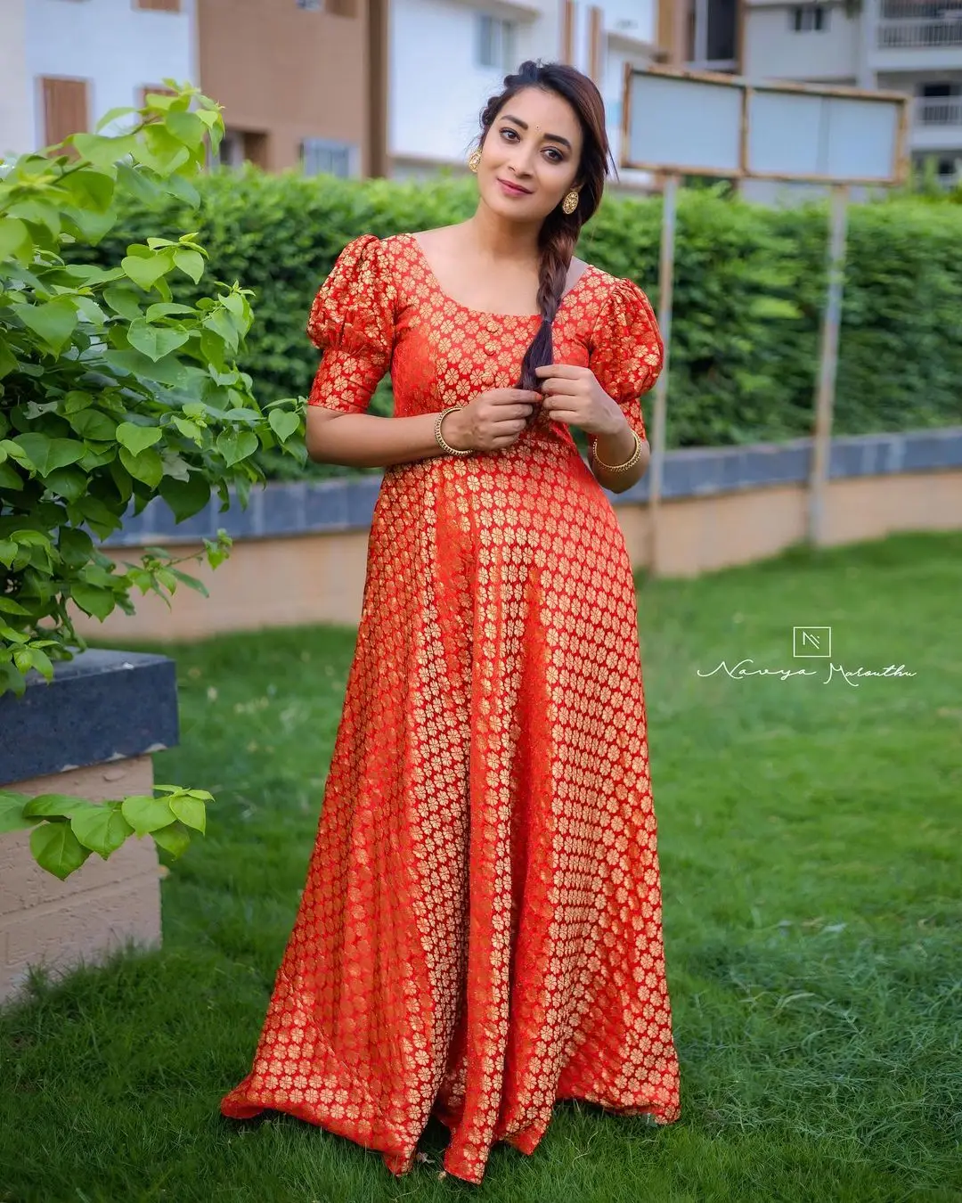 Maa TV Actress Bhanu Sri Wearing Orange Gown